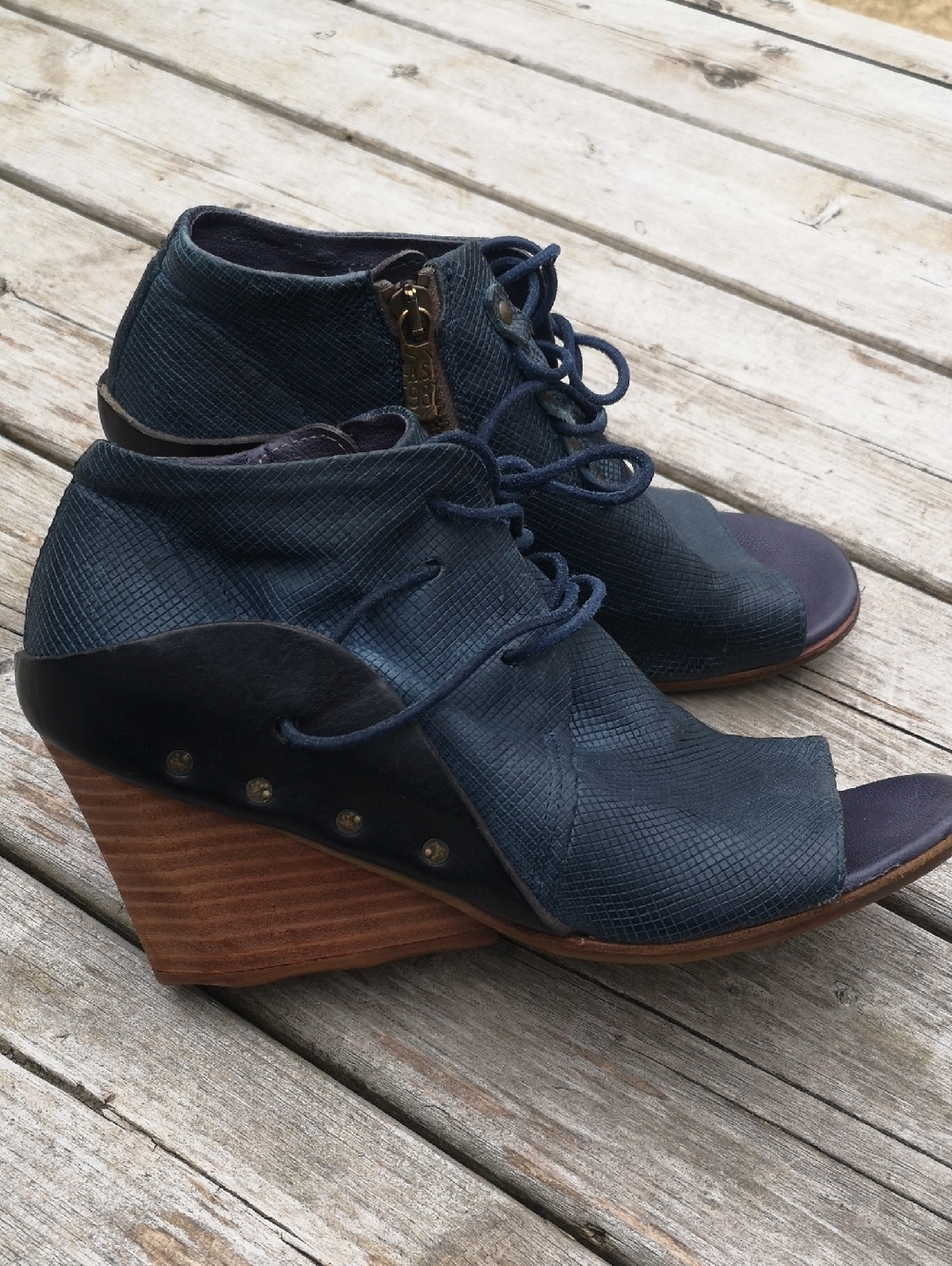 A.S.98 Navy Blue Leather Open-Toe Wedge Booties